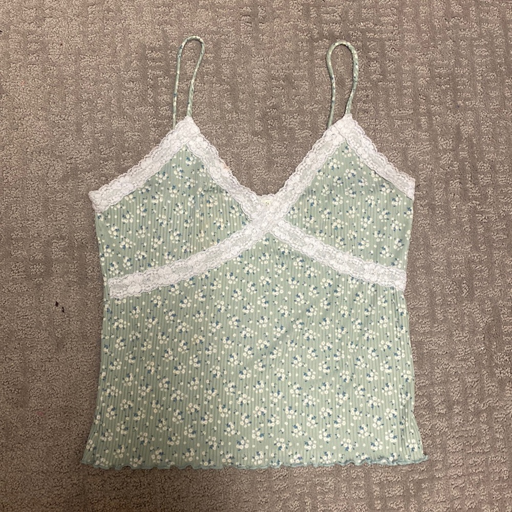 Green, white and blue floral tank top, with white lace detailing